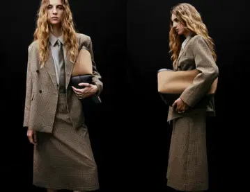 새상품 H&M 브라운 체크 무늬 미디 스커트 셋업 가능 42