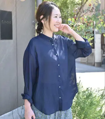ourhome 고급스러운 비침, 린넨풍 셔츠 다크 네이비