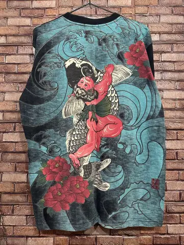 카라쿠리타마시 긴타로 잉어 모란 T셔츠