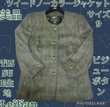새상품급 레리안 Leilian 노카라 자켓 트위드 체크 무늬 그린