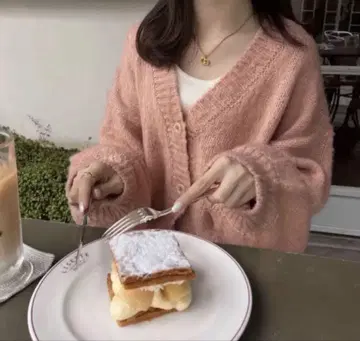 RiLi 볼륨 복슬복슬 가디건 피치 핑크
