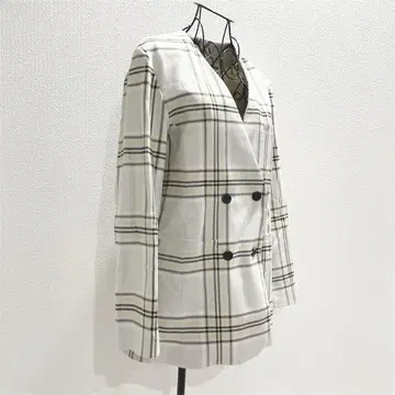 러그나문 노카라 자켓 M 베이지 체크 무늬 캐주얼 깔끔한