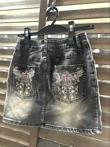 헤이세이 레트로 큐빅 십자가 데님 미니 스커트 페어리 그런지 y2k