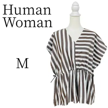 새상품급 Human Woman 화이트 브라운 보더 무늬 반팔 블라우스 M