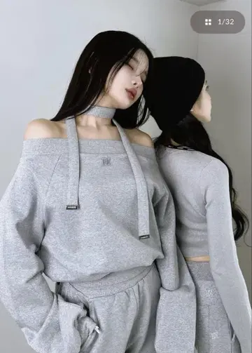 Darich 오프숄더 라메 맨투맨 상의 & 라메 맨투맨 숏팬츠