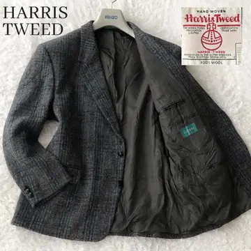 해리스 트위드 테일러드 자켓 싸개버튼 체크 그레이 3L