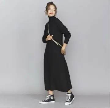 BEAUTY & YOUTH 리브 터틀넥 롱 드레스 블랙