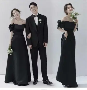 오프숄더 블랙 롱 드레스 새틴 촬영용