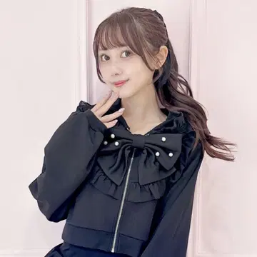 MARS 마즈 리본 요크 숏 후드티 블랙