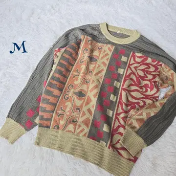 [ 빈티지 ] 모 100% 에스닉 패턴 니트 스웨터 M 바로크풍 올 패턴