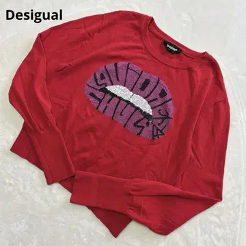 Desigual 립 모티브 니트 얇은 소재 단기장 빨간색 입술 M