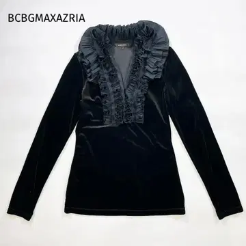 BCBGMAXAZRIA 벨로아 프릴 긴팔 티셔츠 상의 S 블랙