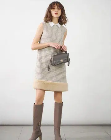 셀포드 밑단 퍼 미니 원피스 체크