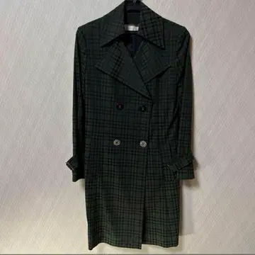 Harrods 올리브 체크 무늬 더블 브레스트 롱 코트 S