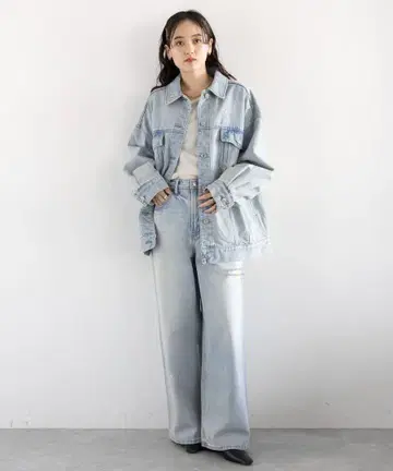 RAGEBLUE 플라워 자수 데미지 와이드 데님 루즈 데님 자켓 세트