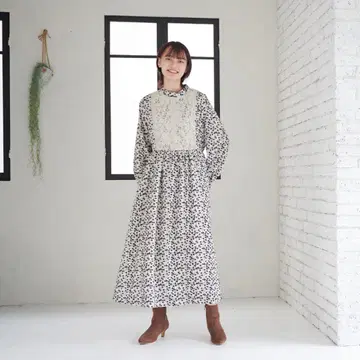 모리노갓코 꽃무늬 레이스 절개 롱 원피스 프리 사이즈