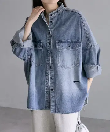 pual ce cin 빈티지 데님 밴드 칼라 셔츠