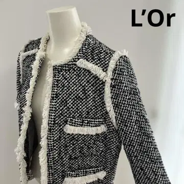[ 새상품 미사용품 ] L'Or 노카라 트위드 자켓 블랙/화이트