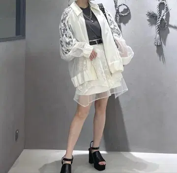 HARE/셋업/레이스 웨이브 절개 블루종/레이스 레이어 치마바지