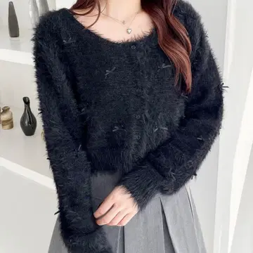 Heather 헤더 샤기 리본 가디건 블랙