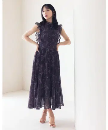 tocco closet 셔링 리본 프린트 플리츠 원피스 브라운