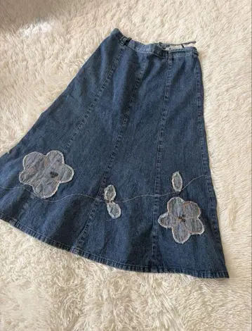 archive grunge fade denim 롱 스커트 꽃 자수