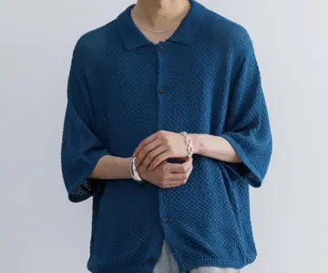 하프 슬리브 메쉬 니트 셔츠 블루