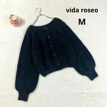 [ vida roseo ] 샤기 니트 가디건 M 블랙 꽃 버튼 복슬복슬