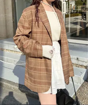 안감 있음 자카드 체크 자켓 카스타네