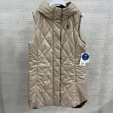 베이지 퀼팅 충전솜 베스트 후드 부착