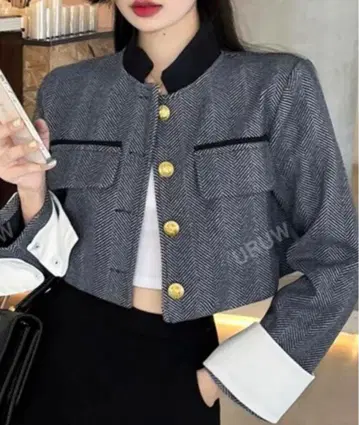 대비 트림 버튼 프론트 크롭 오버코트 SHEIN 자켓