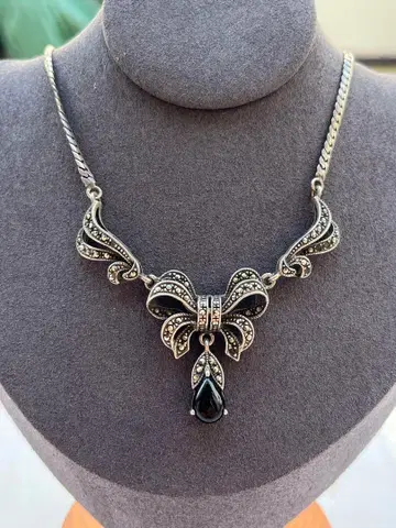 유럽 앤티크 마카사이트 오닉스 리본 모티브 목걸이 925