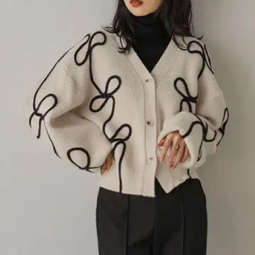 가디건 리본 V넥 로우게이지 니트 드롭 숄더 숏 기장