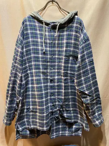 체크 무늬 후드 부착 플란넬 셔츠 후드티 구제 의류 XL 정도 메탈 버튼