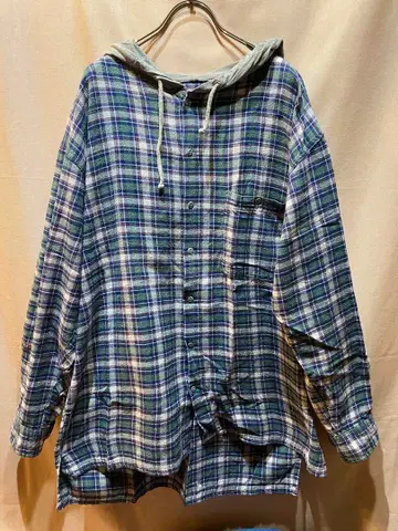 체크 무늬 후드 부착 플란넬 셔츠 후드티 구제 의류 XL 정도 메탈 버튼