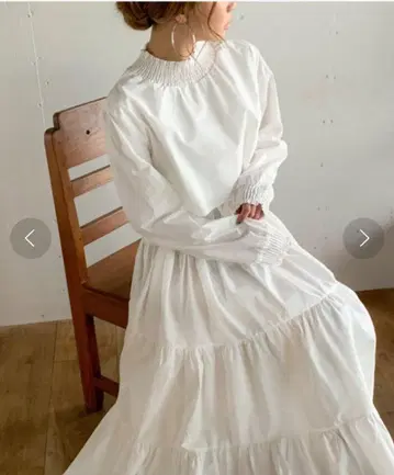 JUNOAH 셋업풍 긴팔 티어드 맥시 길이 원피스 L 화이트 주노아