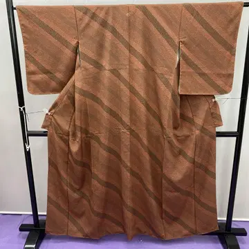 6390 주황 브라운 에도 코몬 기모노 순수 실크 오동나무