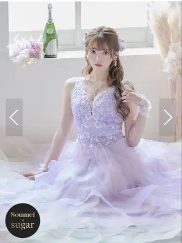 Lip Line 2단 플레어 자수 롱 드레스 S