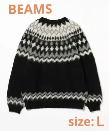 BEAMS 3 게이지 샤기 노르딕 무늬 크루넥 니트 블랙