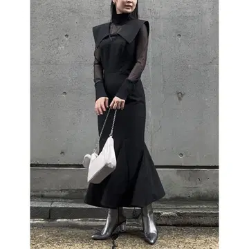 rienda 블랙 Big 칼라 디자인 머메이드 롱 원피스
