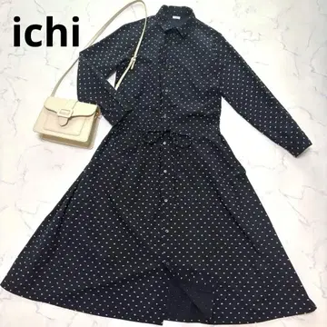 ichi 도트풍 실 자수 허리 리본 셔츠 원피스 롱 블랙
