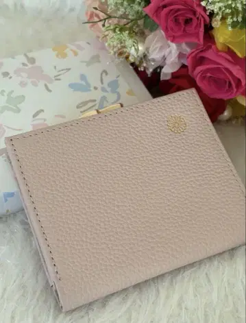 황거 소가죽 국화 이단 접이 가마구치 지갑 핑크 베이지