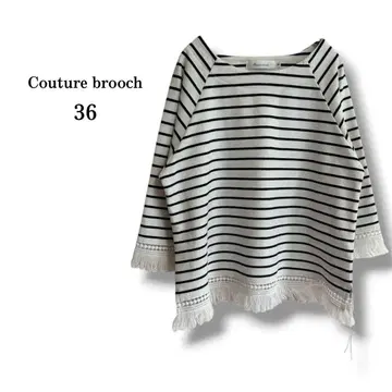 [ Couture Brooch ] 긴팔 티셔츠 보더 밑단 프린지 레이스