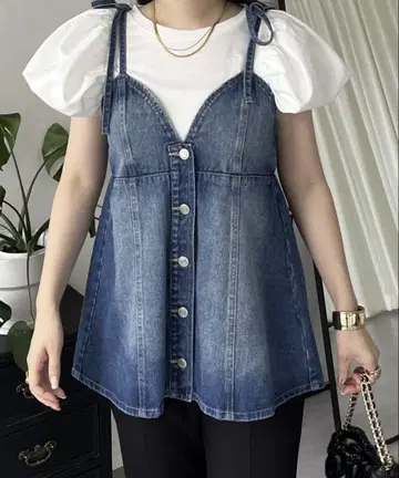 어깨 리본 프론트 버튼 데님 페플럼 뷔스티에