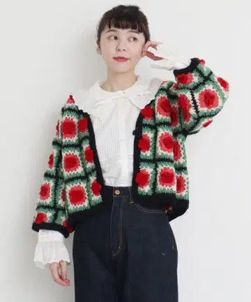 Dot and Stripes 네팔 코바늘 스퀘어 모티브 V 가디건