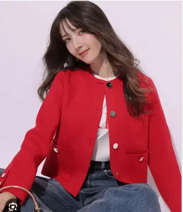 금장 버튼 노카라 니트 자켓