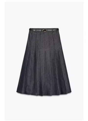 zara 데님 플리츠 미디 기장 벨트 스커트