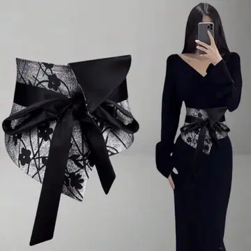 꽃무늬 부착 오비 실버 블랙 약 248cm 새시 벨트