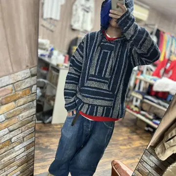 멕시칸 후드티 구제 의류 아메카지 네이비 그레이 스트라이프 후드티 L