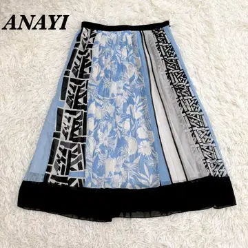 [새상품급] ANAYI 보타니컬 플라워 무늬 플레어 스커트 36 블루